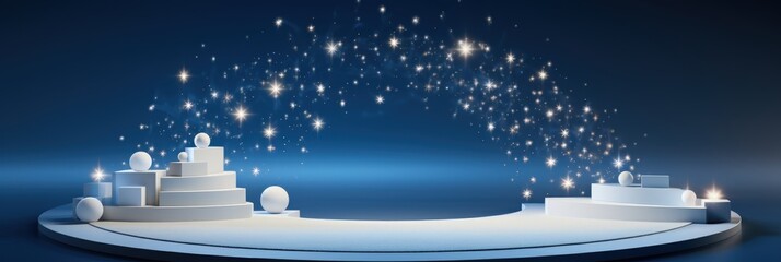 Sticker - Abstract 3D White Podium with a Blue Background with Glowing Stars