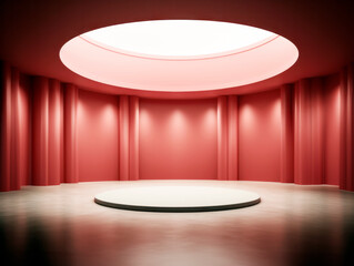 Poster - An empty circular stage with curtains under a large circular light, in monochrome red, depicting a presentation concept. Generative AI