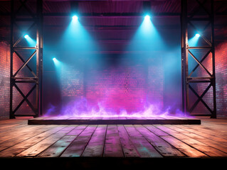 Poster - An empty stage with purple smoke illuminated by blue stage lights, wooden floor, and a brick wall background, evoking a theatrical concept. Generative AI