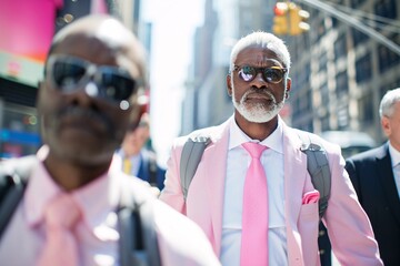 Poster - Editorial style photograph of educators commuting to a studio, highlighting the urban environment, their professional attire, and candid moments