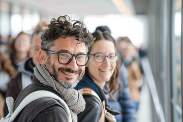 Poster - Magazine style photograph of educators commuting to a museum, emphasizing the cultural setting, their enthusiasm, and the artistic atmosphere