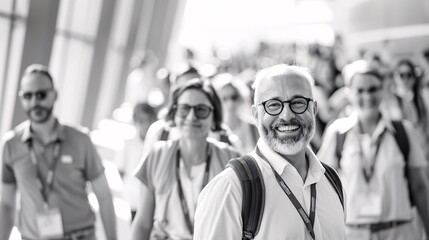Poster - Magazine style photograph of educators commuting to a museum, emphasizing the cultural setting, their enthusiasm, and the artistic atmosphere