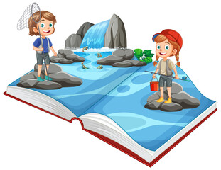 Wall Mural - Kids fishing in a magical book