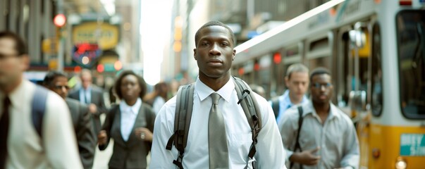 Poster - Editorial style photograph of educators commuting to a studio, highlighting the urban environment, their professional attire, and candid moments