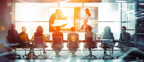 Wall Mural - Business people in a conference room watching a large screen, modern office environment, backlit, concept of teamwork and presentation. Generative AI