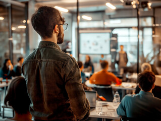Aufkleber - A professional seminar session in a bright room, a man in denim observing, blurred presenter and audience in the background, concept of corporate learning. Generative AI