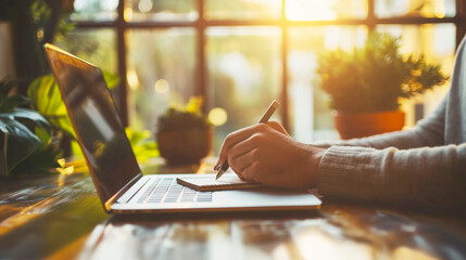 Aufkleber - Person writing in a notebook with a laptop on a sunlit wooden table, natural light, creativity concept. Generative AI