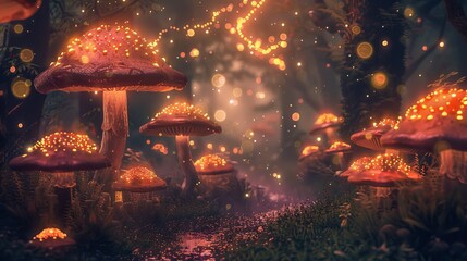 Canvas Print - A whimsical forest background with magical glowing mushrooms and ethereal light, suitable for fantasy and fairy-tale themes.