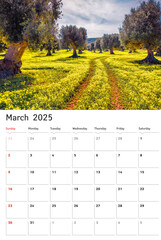 Set of vertical flip calendars with wonderful landscapes. March 2025. Wonderful spring scenery. Sunny morning view of olive garden. Splendid spring view of Milazzo cape, Sicily, Italy, Europe.