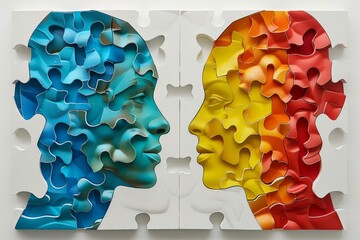 Two faces made of puzzle pieces, representing connection and unity in a colorful, symbolic illustration.