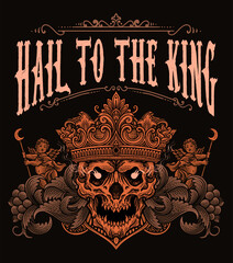 Wall Mural - Artwork illustration skull with king crown. Engraving ornament hand drawn style. HAIL TO THE KING - Vector Eps 10