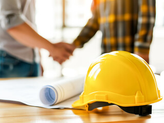 Poster - Two professionals shaking hands over architectural plans with a yellow safety helmet in the foreground, blurred office background, concept of partnership. Generative AI