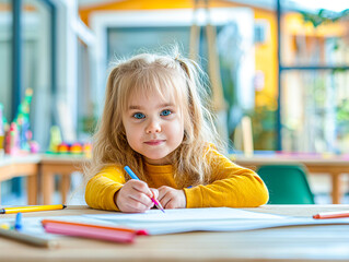 A young girl with blond hair drawing with colored pencils, a bright classroom in the background, concept of early education. Generative AI