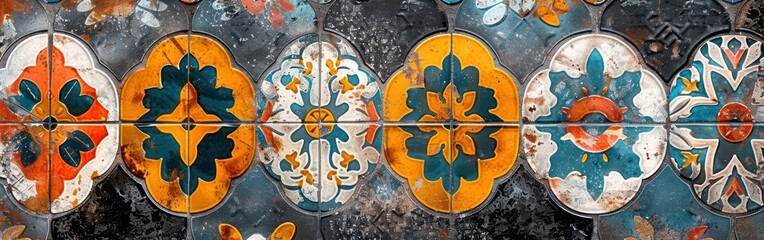 Wall Mural - Vintage Mosaic Tile Background with Floral Motif and Geometric Shapes in Colorful Shades of Old Porcelain and Stoneware