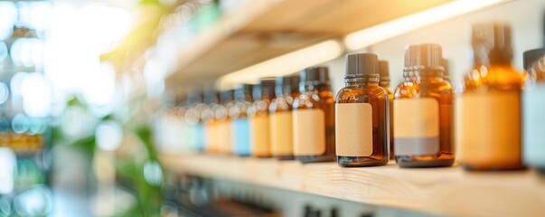 Sticker - Brown Glass Bottles on a Wooden Shelf.