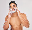 © peopleimages.com - Grooming, man and shaving cream in portrait, routine and wellness in body care, hygiene and white background. Male person, cosmetics and fresh for confidence, masculine and hair removal product