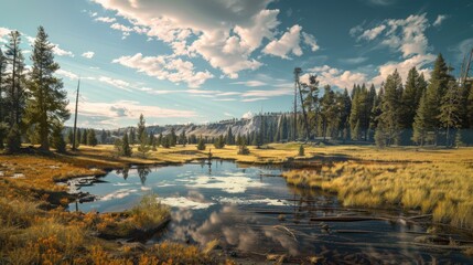 Wall Mural - Serene mountain lake reflecting clouds and sky, surrounded by trees and lush meadow. Tranquil landscape of wilderness, nature, and environment.