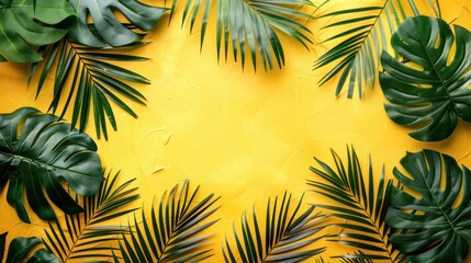 Wall Mural - Tropical Vibes: Top View of Green Palm Branches on Yellow Background - Ideal for Summer Vacation, Travel or Fashion Concepts