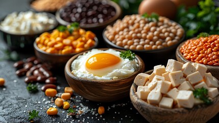 Canvas Print - **A variety of protein-rich foods including eggs, tofu, and beans