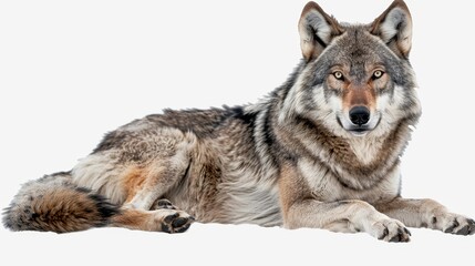 A wolf is laying down on a white background