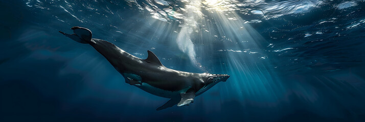 Poster - hammerhead whale or Sphyrna mokarran swimming underwater under sea life with bubbles and sunbeams in blue deep water, sealife wide banner poster with copyspace