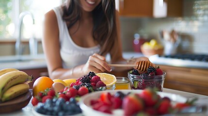 Wall Mural - A woman enjoys making breakfast, blending natural yogurt with an assortment of raspberries, blueberries, strawberries, and blackberries, with a bowl of honey and an array of fresh fruits on the table.