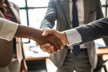 Poster - people shaking hands in a business setting. The man on the right is wearing a tie.