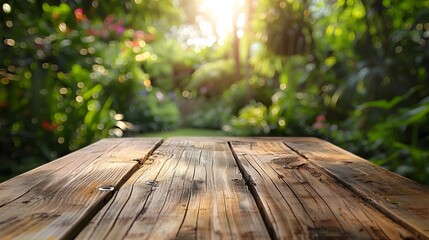 Canvas Print - Empty Wooden Table with Blurred Outdoor Garden Background for Natural Product Display