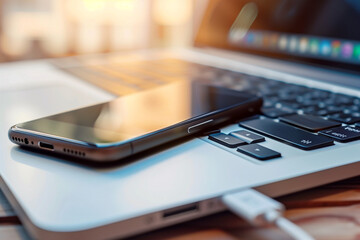Poster - black cell phone sits on a wooden table next to a laptop. The scene suggests a moment of relaxation or contemplation