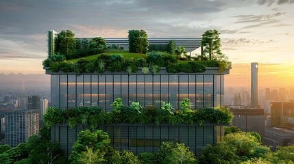 Wall Mural - Sustainable and Energy Efficient Office Building with Rooftop Garden and Renewable Energy Systems