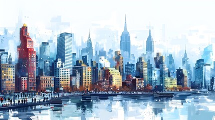 Wall Mural - Impressive City Skyline with Riverfront Promenade and Tall Modern Buildings