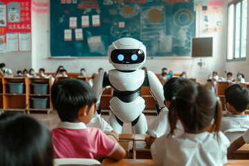 Poster - robot is standing in front of a group of children in a classroom. The robot is white and has blue eyes. Scene is educational and curious