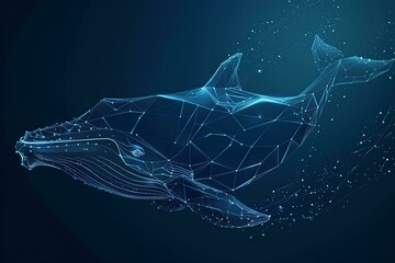 Wall Mural - Abstract low poly humpback whale underwater, blue glowing particles on a dark background. Sea life concept for web design or presentation