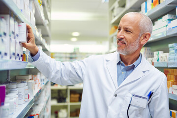 Canvas Print - Pharmacist, happy and inventory in clinic for healthcare, wellness and service for retail. Man, mature and stock for pills or supplements in hospital for inspection, information and smile for label