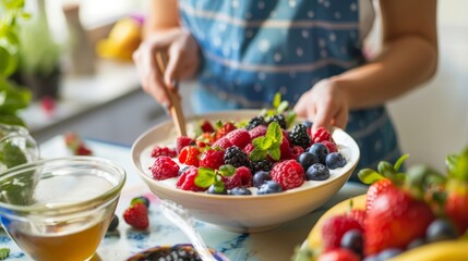 Canvas Print - A woman prepares a healthy breakfast, mixing natural yogurt with fresh raspberries, blueberries, strawberries, and blackberries in a bowl, with a bowl of honey 