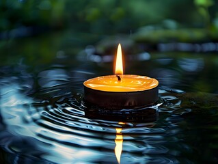 Poster - Floating Candle Flame Reflecting on Serene Pond Surface with Gentle Ripples