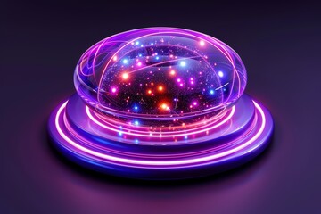 Poster - Abstract digital illustration of a neon-lit dome, vibrant purple and blue hues, futuristic design, dark background, glowing and radiant effects, sci-fi concept.