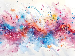 Poster - Vibrant Watercolor Music Notes Splashing Across a White Canvas in an Abstract and Background
