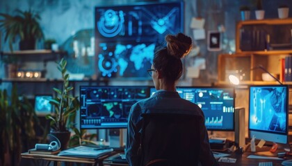 Poster - A scientist works in a lab at night, surrounded by plants and equipment, conducting research and experiments AIG58