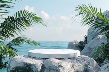 Wall Mural - Podium on the stone with sea and palm leaves background.