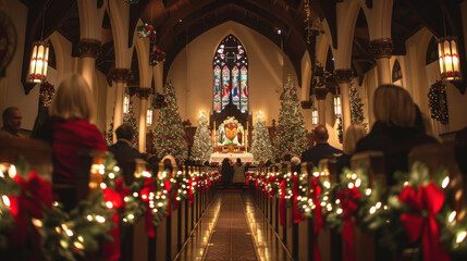 People attending a beautifully decorated church for a Christmas Eve service, with festive lights and Christmas trees.