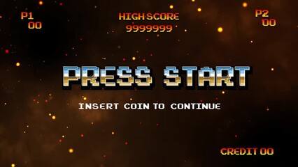 Aufkleber - PRESS START INSERT A COIN TO CONTINUE .pixel art .8 bit game.retro game. for game assets in vector illustrations.Retro Futurism Sci-Fi Background. glowing neon grid.and stars from vintage arcade comp