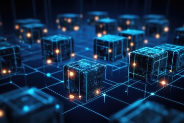 Fototapete - a bunch of cubes that are glowing, blockchain technology ensuring secure transactions