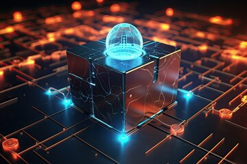 Fototapete - a bunch of cubes that are glowing, blockchain technology ensuring secure transactions