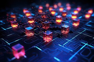 Fototapete - a bunch of cubes that are glowing, blockchain technology ensuring secure transactions
