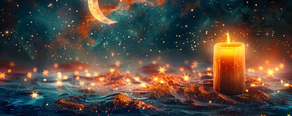 Wall Mural - celestial candle glowing amidst starry night sky patterns and moon