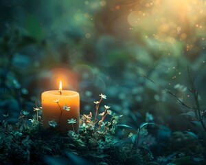 Canvas Print - Ethereal Candle Glowing in Mystical Enchanted Forest with Fairies