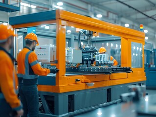 Poster - Automated Plastics Manufacturing with Workers Overseeing Injection Molding Machines in Modern Industrial Facility