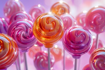 Canvas Print - Colorful lollipops with glowing highlights, pink and orange hues, digital illustration, cheerful and sweet design, vibrant and playful ambiance.