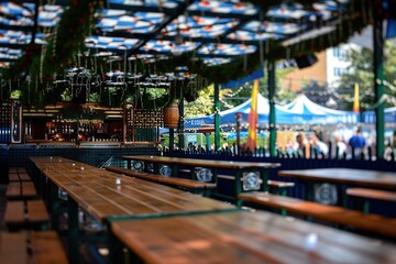 Oktoberfest beer festival in Munich. Inside Augustiner beer tent, people drinking in traditional Bavarian,